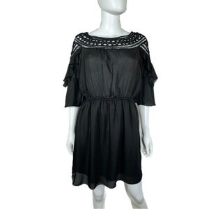 Giddy Up Glamour Black Ruffle Sleeve Lace Neckline Dress